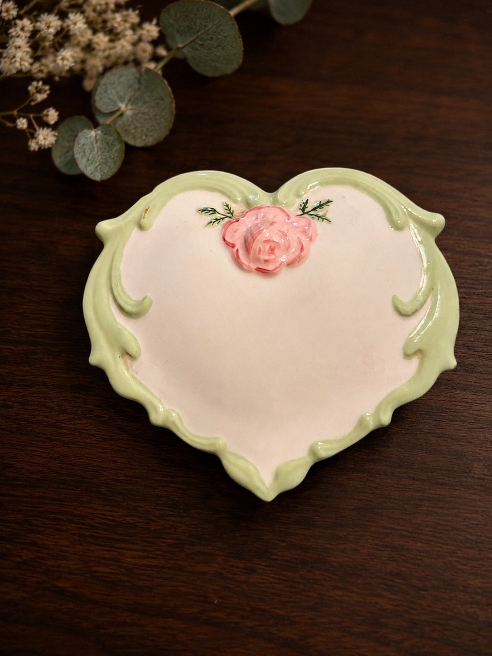 Heart-Shaped Ceramic Trinket Box Pink Rose Green Scroll Cottagecore